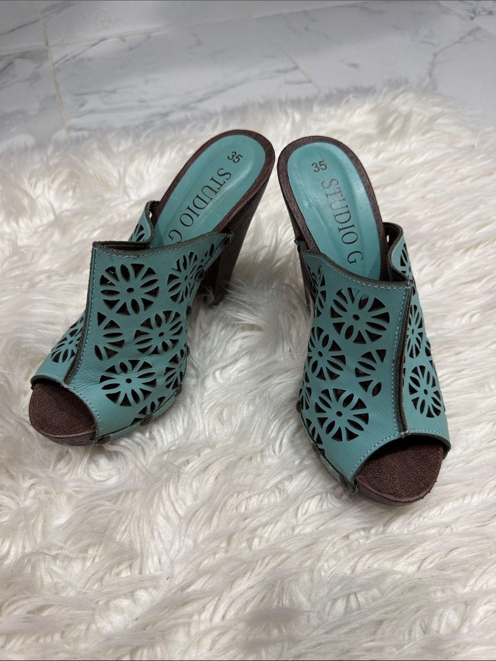 Studio Teal Laser-Cut Peep-Toe Mules